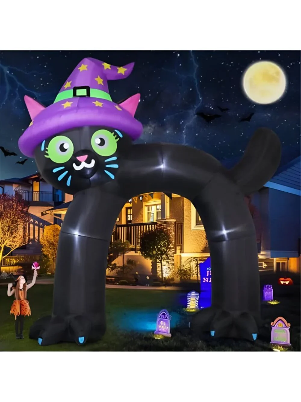 14FT Halloween Inflatables Outdoor Decorations Black Cat Arch Blow Up Yard